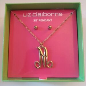 Liz Claiborne "M" 32" Gold Pendant Necklace & Earring Set x